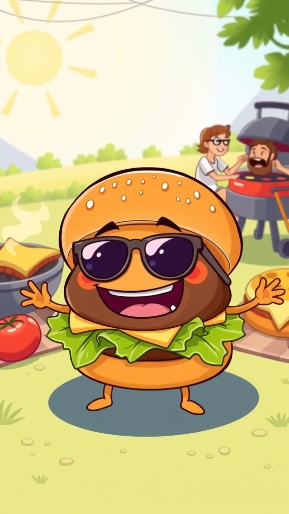 A cheerful cartoon burger with toppings, enjoying a sunny picnic with friends.